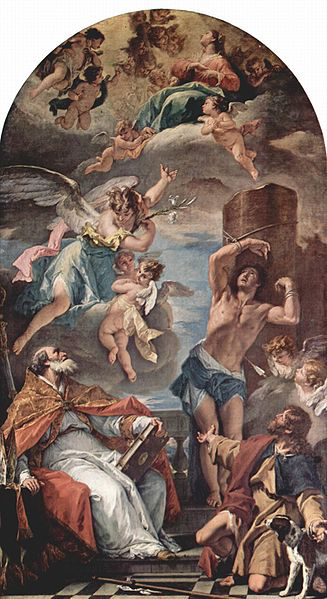 Maria in Gloria mit Erzengel Gabriel und Hl. Eusebius, Hl. Sebastian und Hl. Rochus